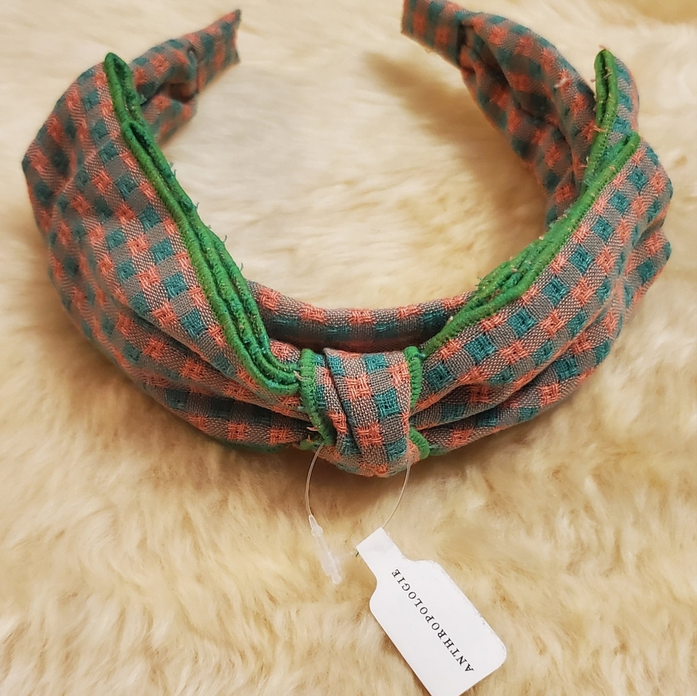Anthropologie Sienna Bow Gingham Headband- green/pink - Picture 7 of 7